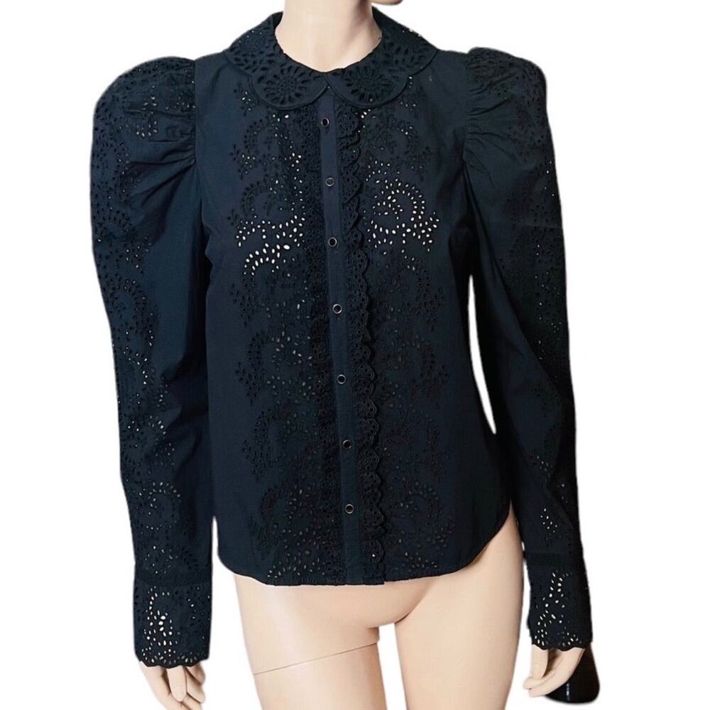 Ulla Johnson Geometric Eyelets Sage Blouse Top Size 6 Long Sleeves 100% Cotton
